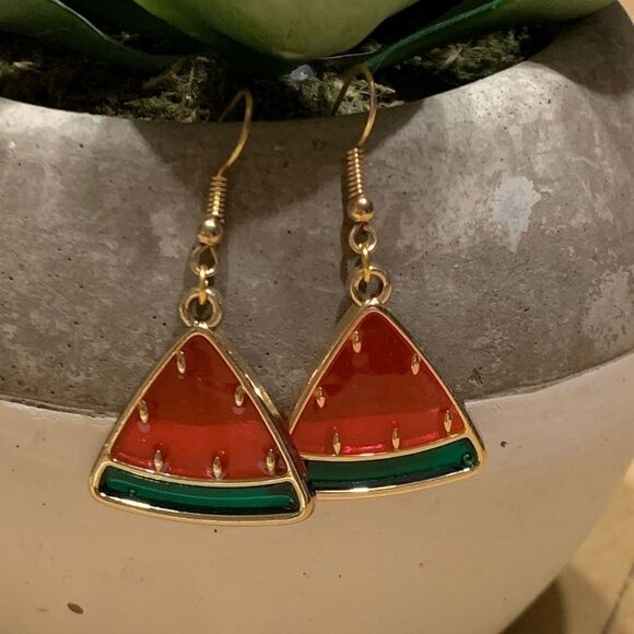 Watermelon Drop Earrings Gold Red Pink Green - Picture 6 of 8